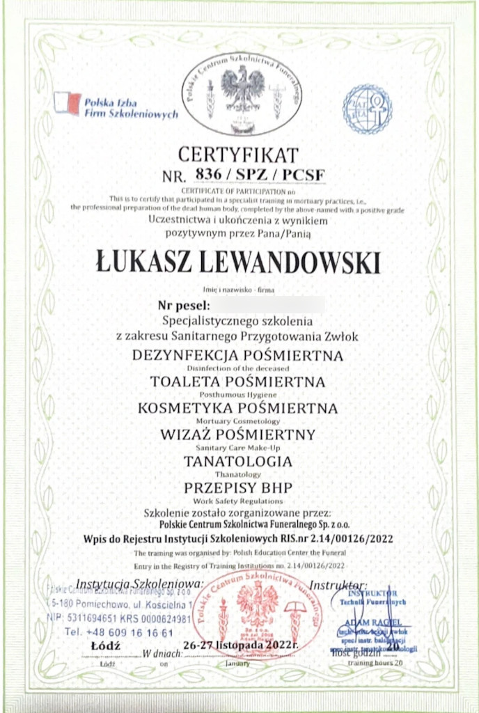 Certyfikat Lukasz Lewandowski